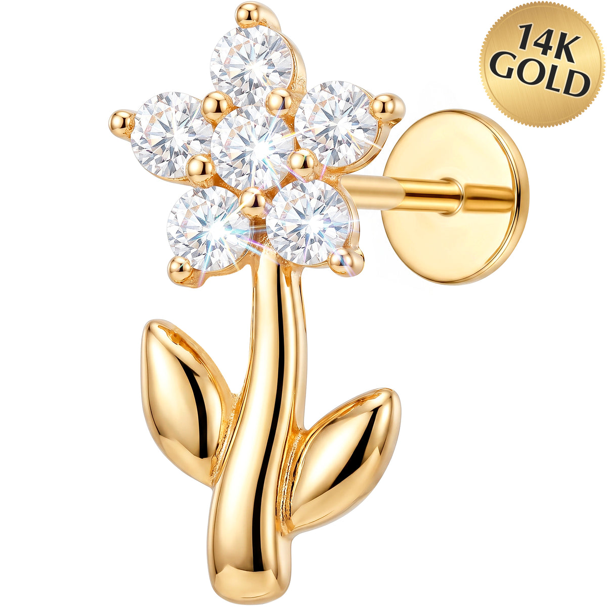 Solid 14k Yellow Gold Blooming Flower Stem CZ 18G Flat Back Earring