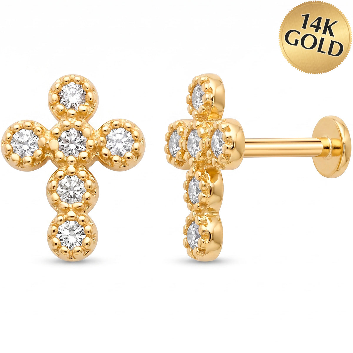 Solid 14k Yellow Gold Four Stone Clover CZ 18G Flat Back Earring
