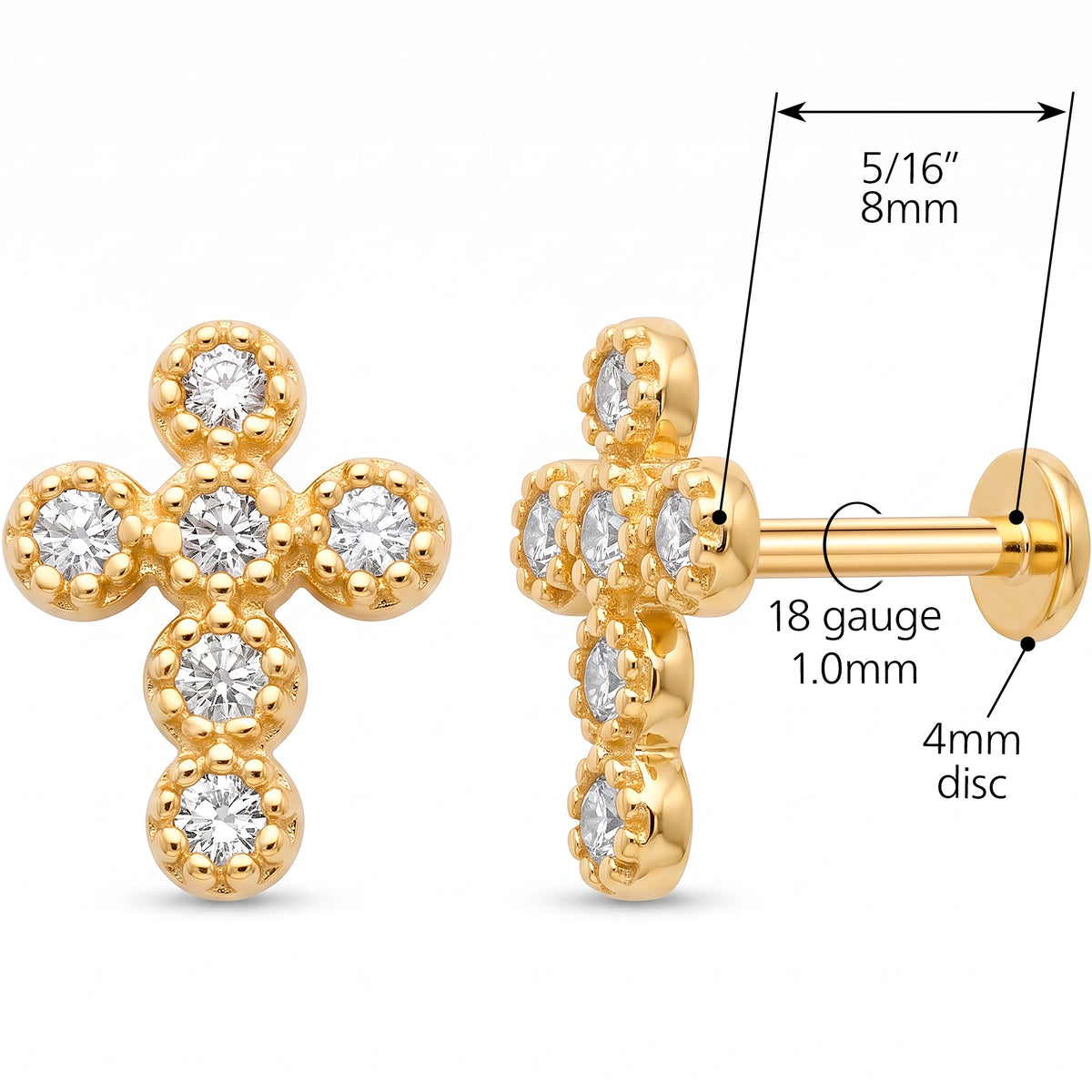 Solid 14k Yellow Gold Four Stone Clover CZ 18G Flat Back Earring