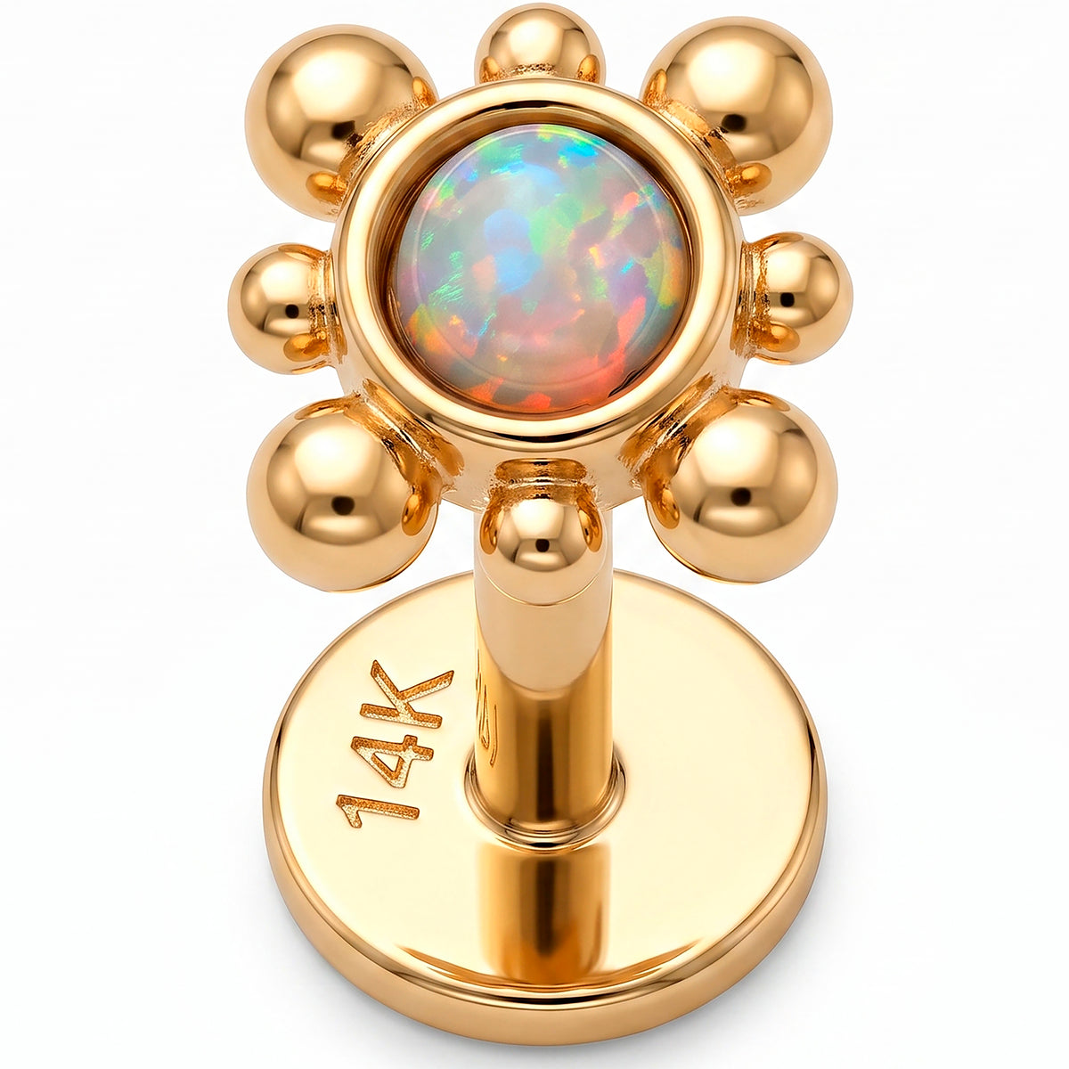 Solid 14k Yellow Gold Opal Beaded Sunflower Synthetic Opal 18G Flat Back Earring