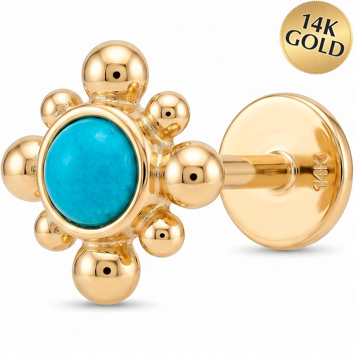 Solid 14k Yellow Gold Turquoise Bead Blossom CZ 18G Flat Back Earring