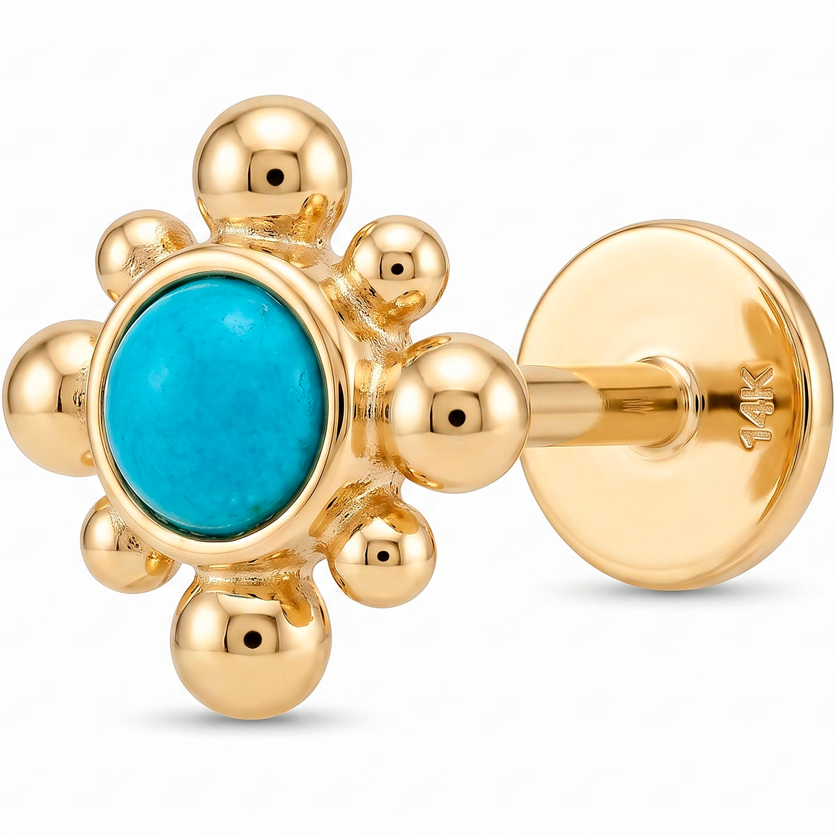 Solid 14k Yellow Gold Turquoise Bead Blossom CZ 18G Flat Back Earring