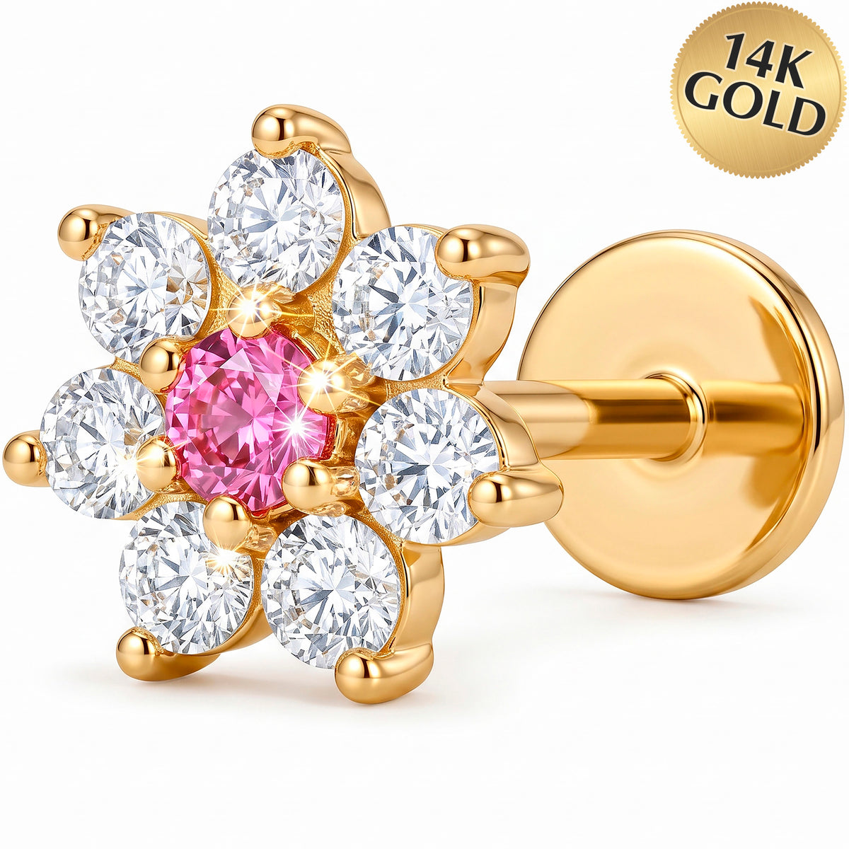 Solid 14k Yellow Gold Pink Floral Cluster CZ 18G Flat Back Earring