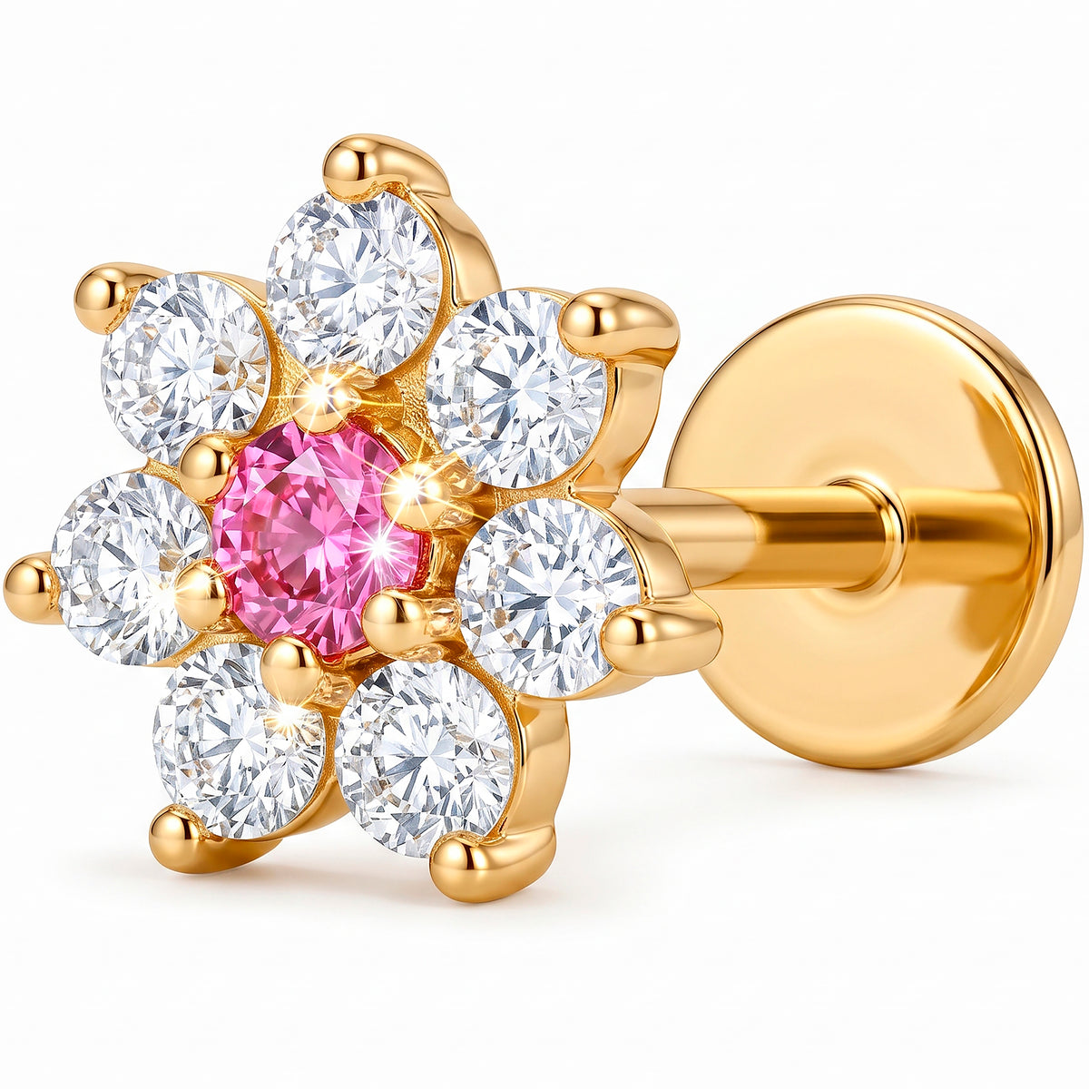 Solid 14k Yellow Gold Pink Floral Cluster CZ 18G Flat Back Earring