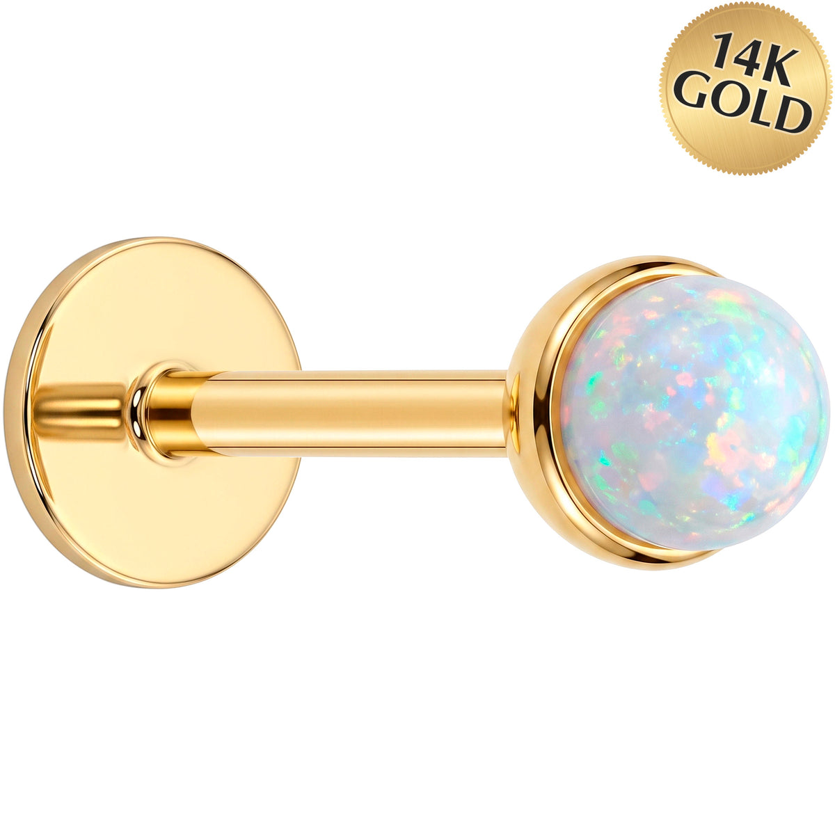 Solid 14k Yellow Gold Opal Round Bezel Synthetic Opal 18G Flat Back Earring