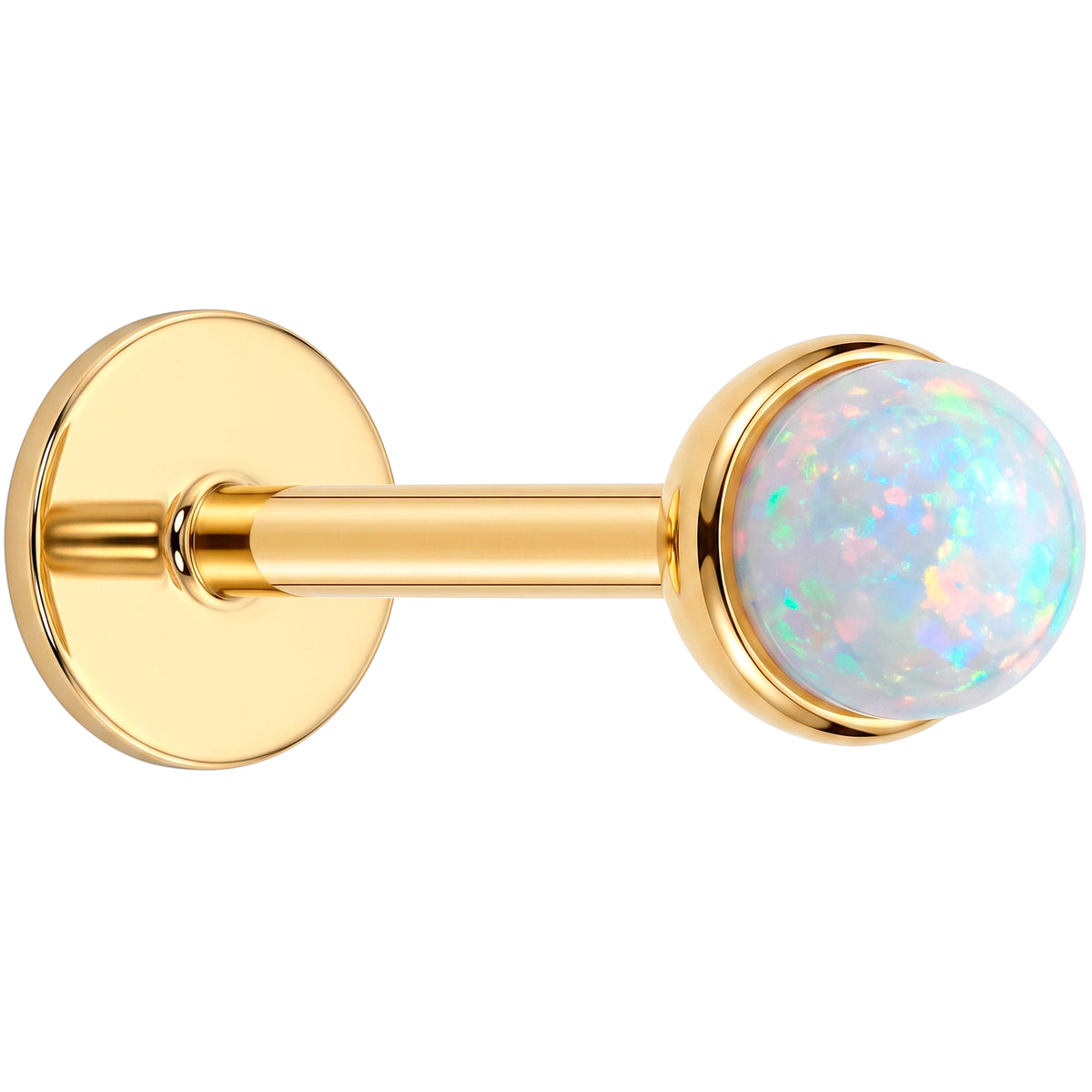 Solid 14k Yellow Gold Opal Round Bezel Synthetic Opal 18G Flat Back Earring