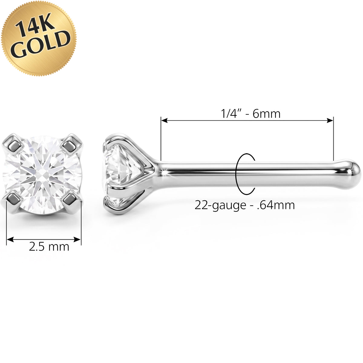 Solid 14k Gold Classic Solitaire CZ 22G Nose Bone Stud
