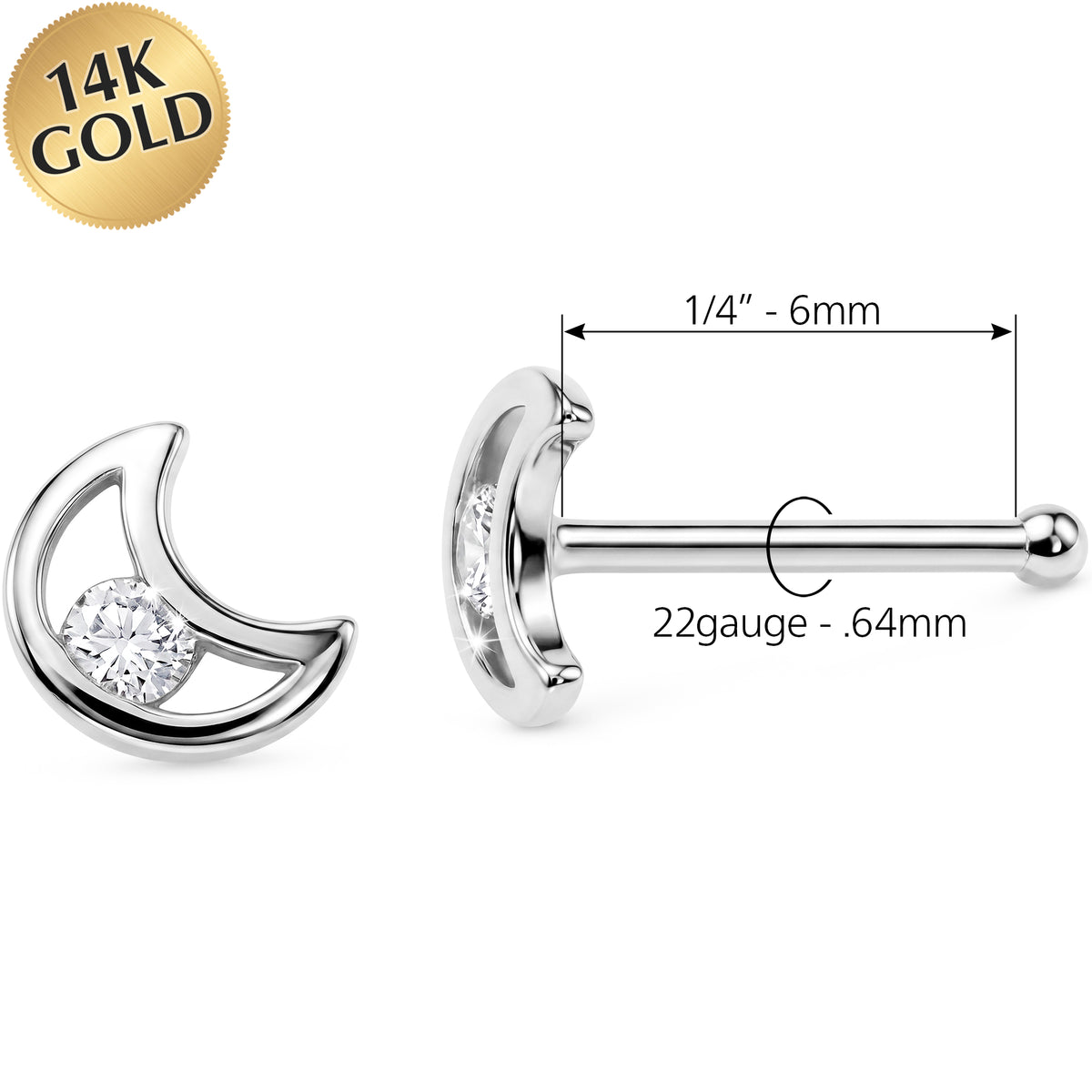 Solid 14k Gold Moonlit Crescent CZ 22G Nose Bone Stud