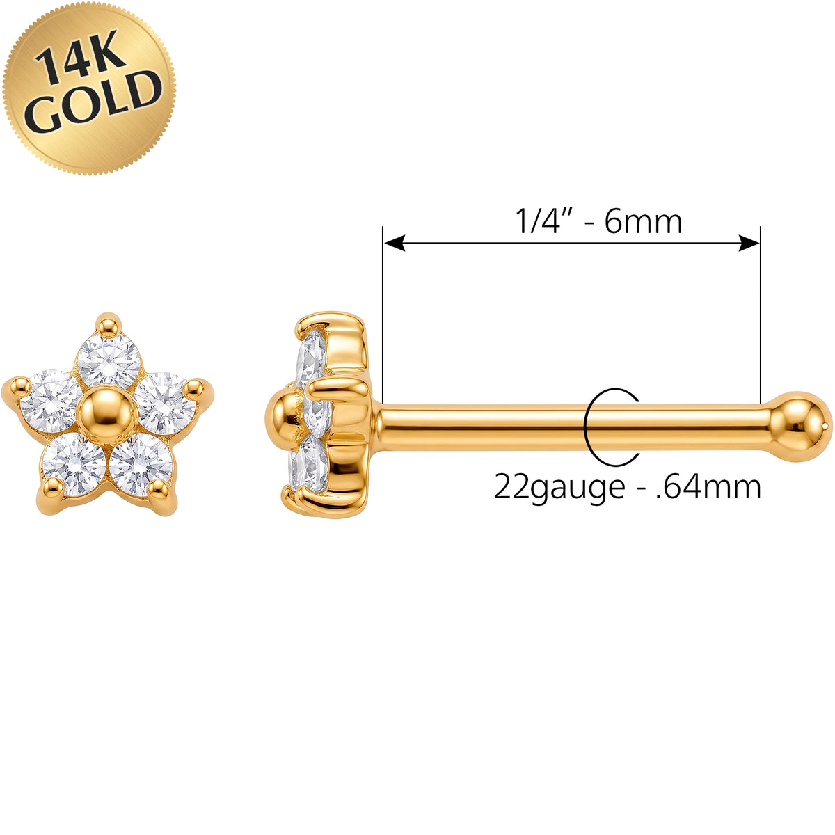 Solid 14k Yellow Gold Starlight Flower CZ 22G Nose Bone Stud