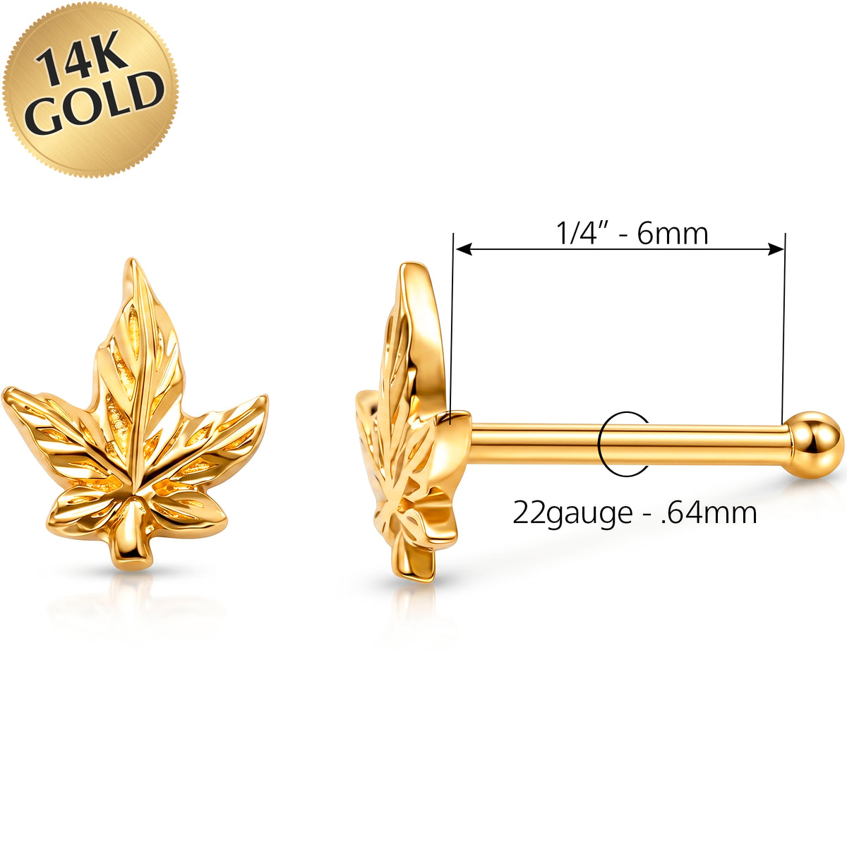 Solid 14k Yellow Gold Golden Cannabis Leaf 22G Nose Bone Stud