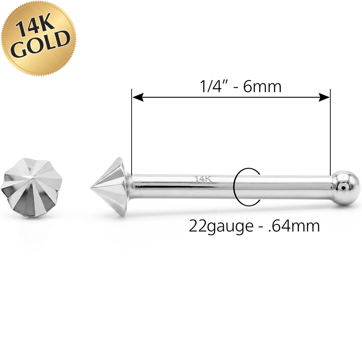 Solid 14k Gold Diamond Cut Cone 22G Nose Bone Stud