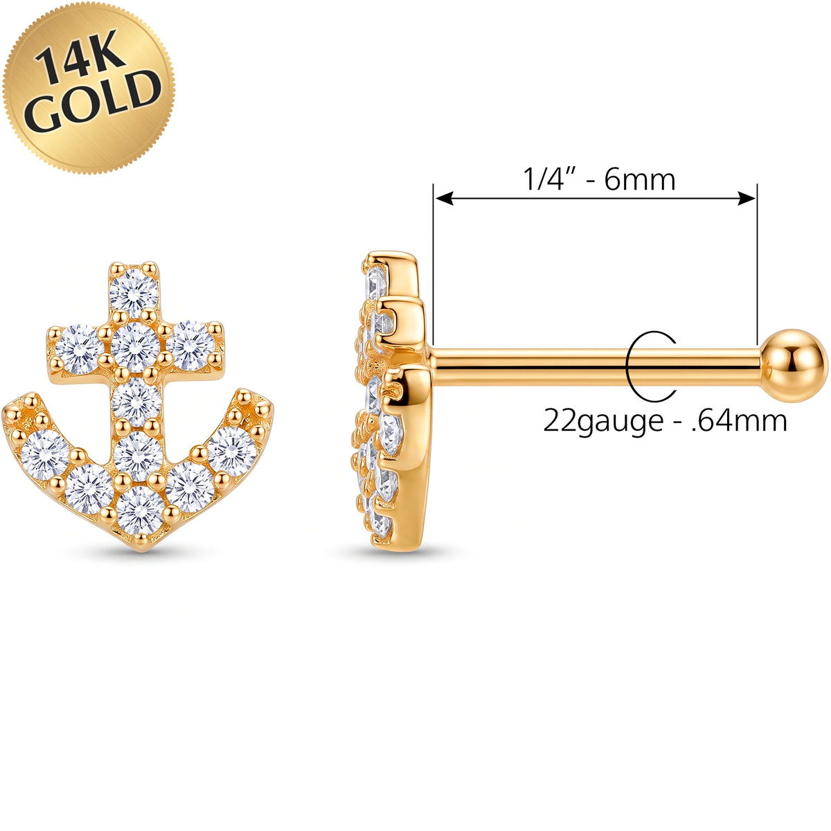 Solid 14k Yellow Gold Nautical Anchor CZ 22G Nose Bone Stud