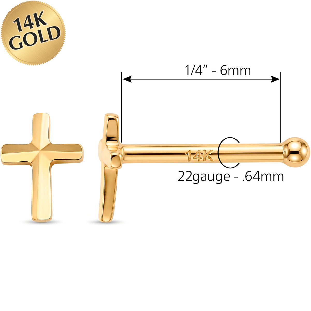 Solid 14k Yellow Gold Classic Cross 22G Nose Bone Stud