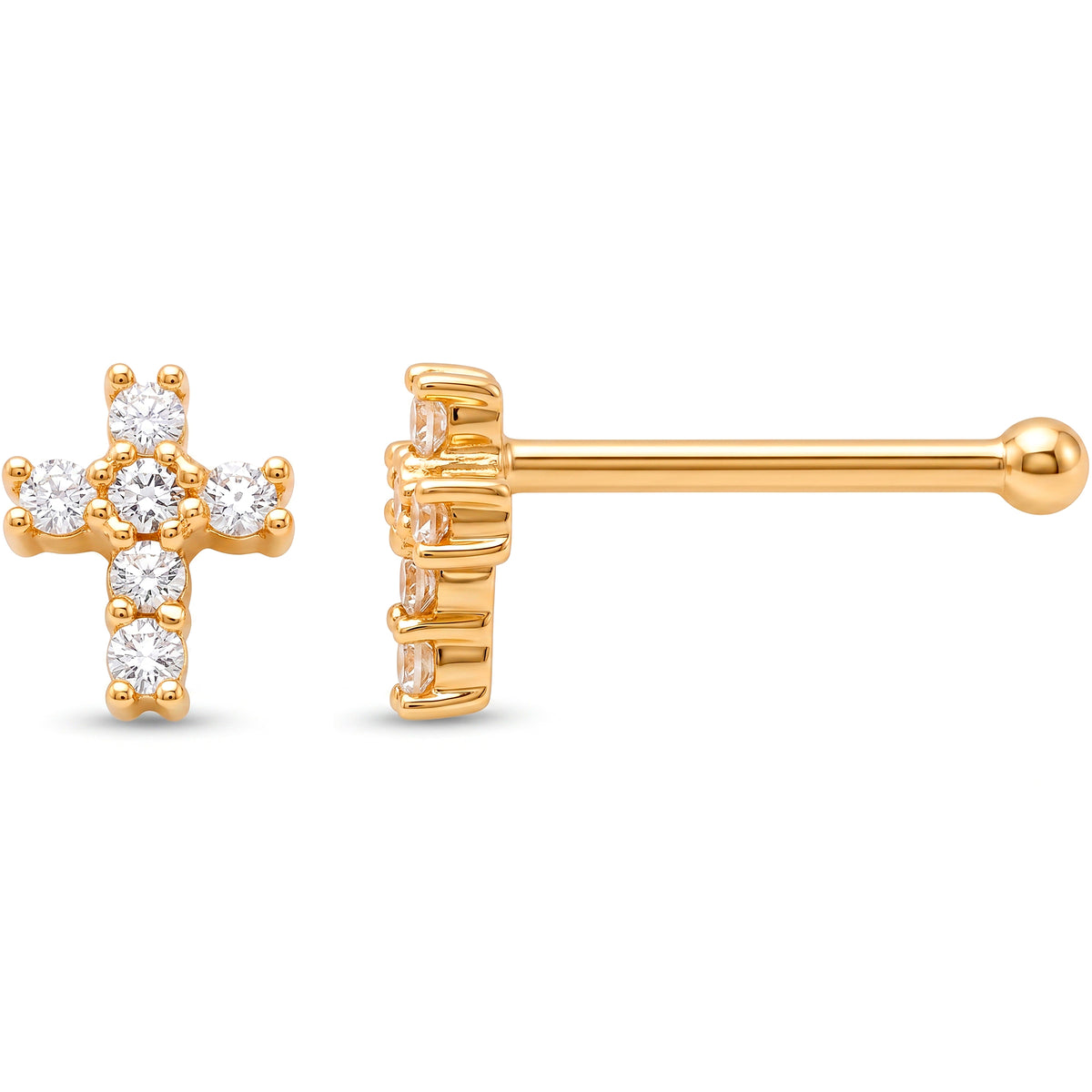 Solid 14k Yellow Gold Cubic Zirconia Cross 22G Nose Bone Stud