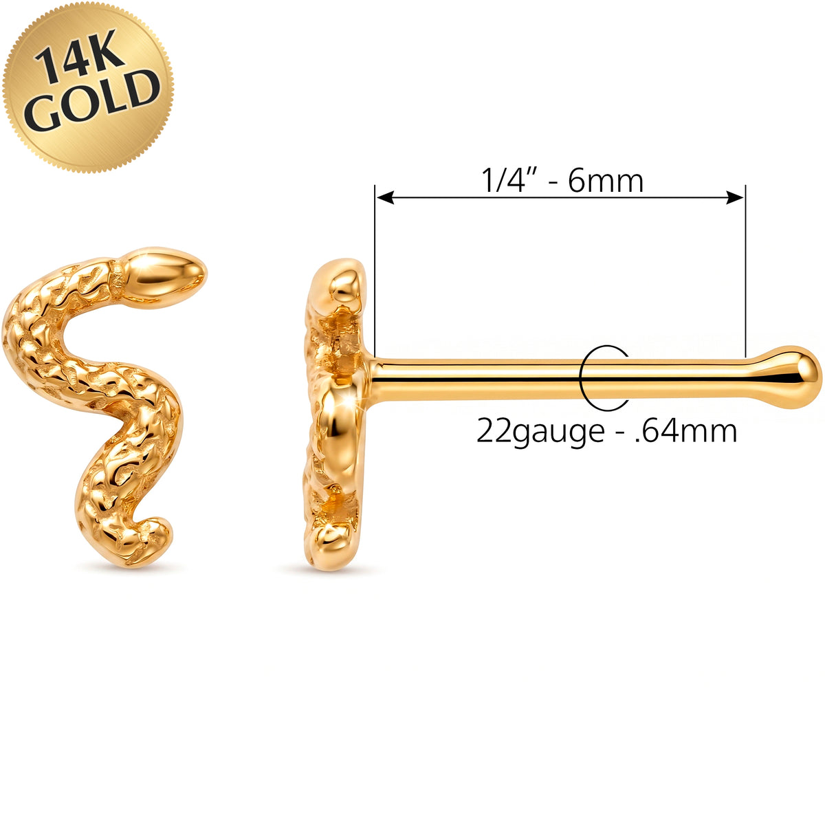 Solid 14k Yellow Gold Serpent 22G Nose Bone Stud