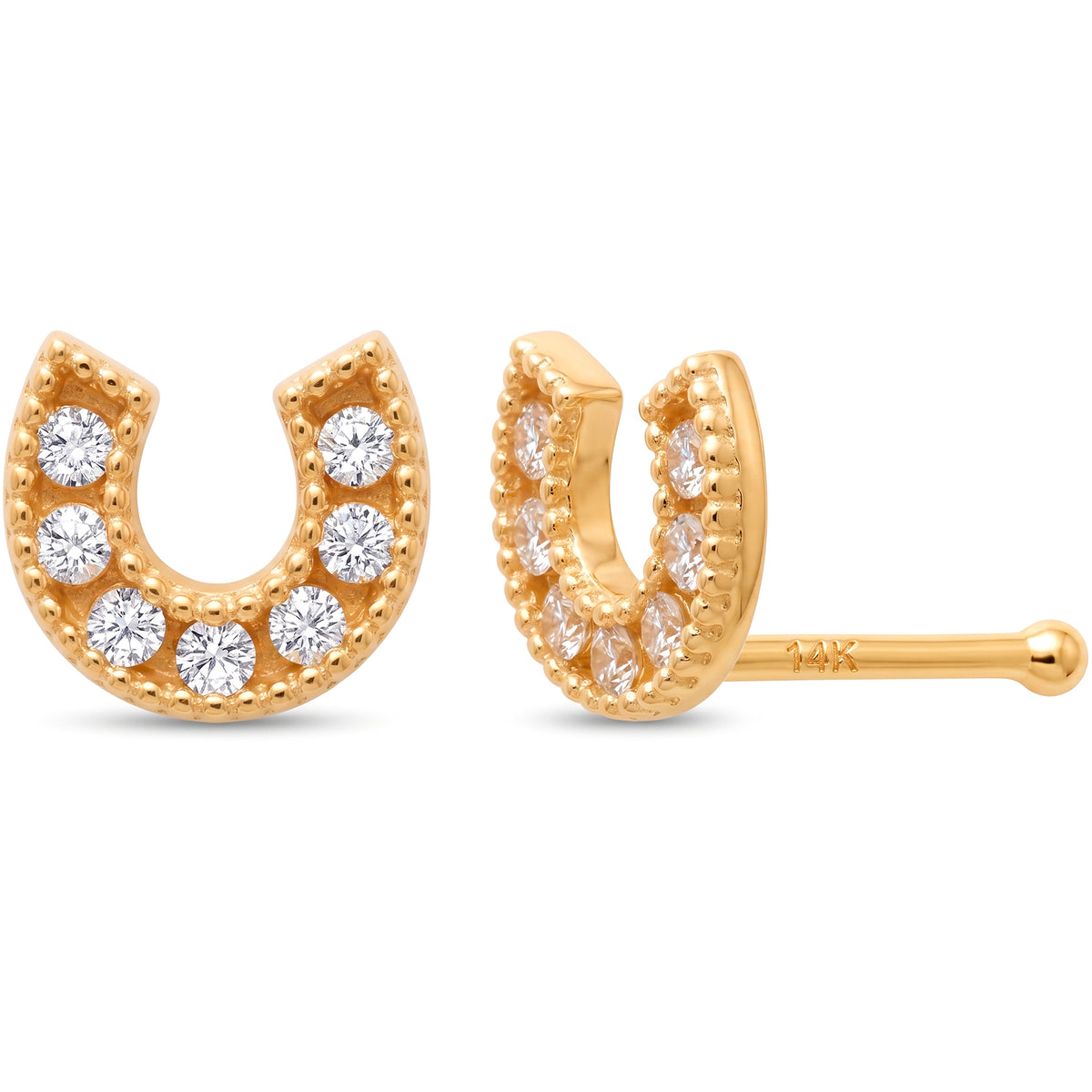 Solid 14k Yellow Gold Lucky Horseshoe CZ 22G Nose Bone Stud