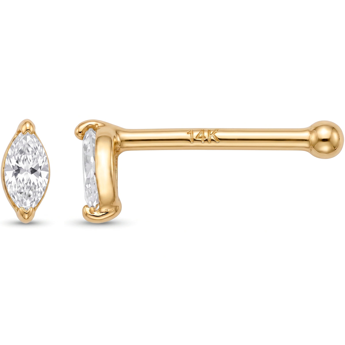 Solid 14k Yellow Gold Marquise Sparkle CZ 22G Nose Bone Stud