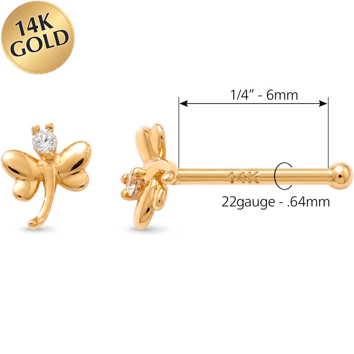Solid 14k Yellow Gold CZ Dragon fly 22G Nose Bone Stud