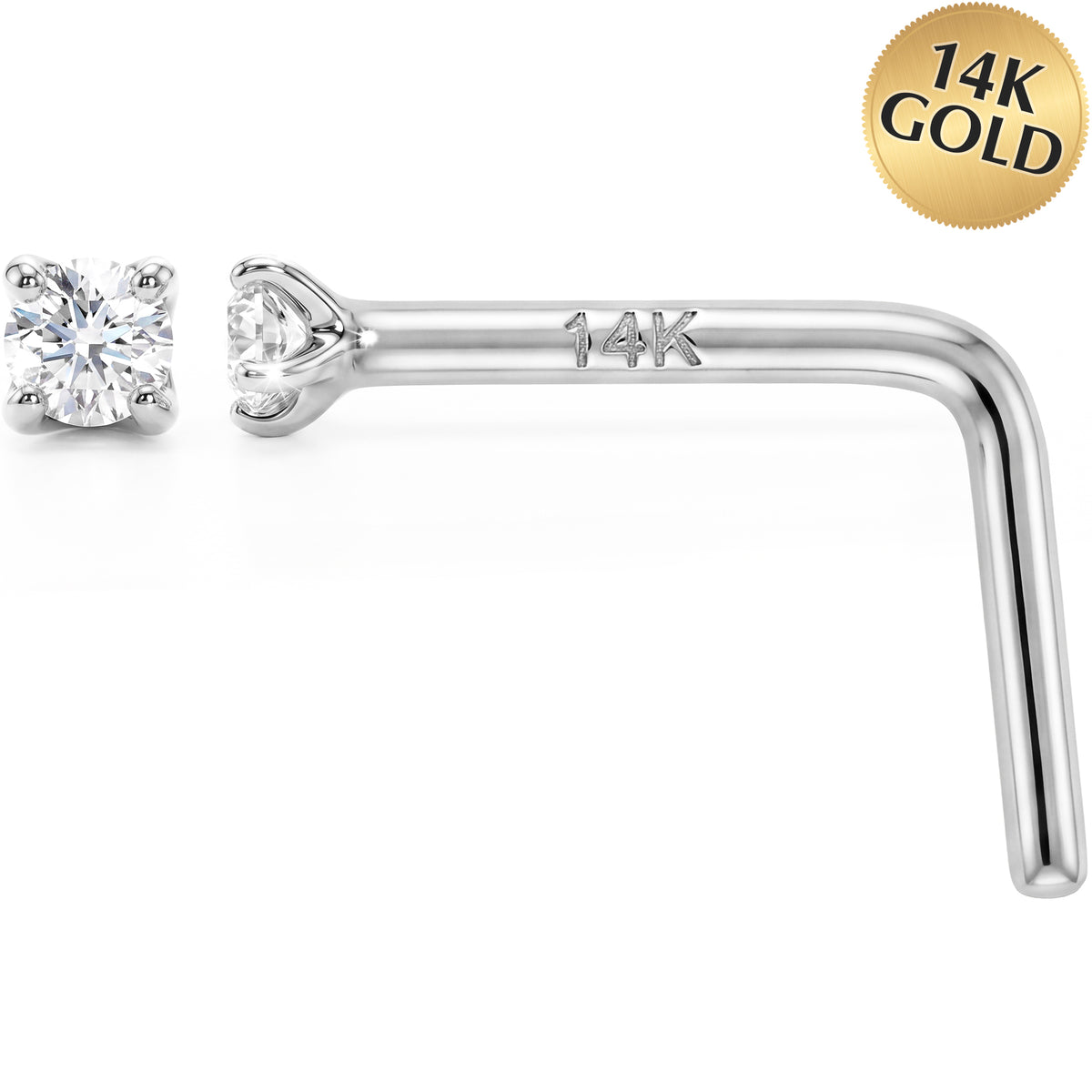 White gold CZ nose ring L-shape design