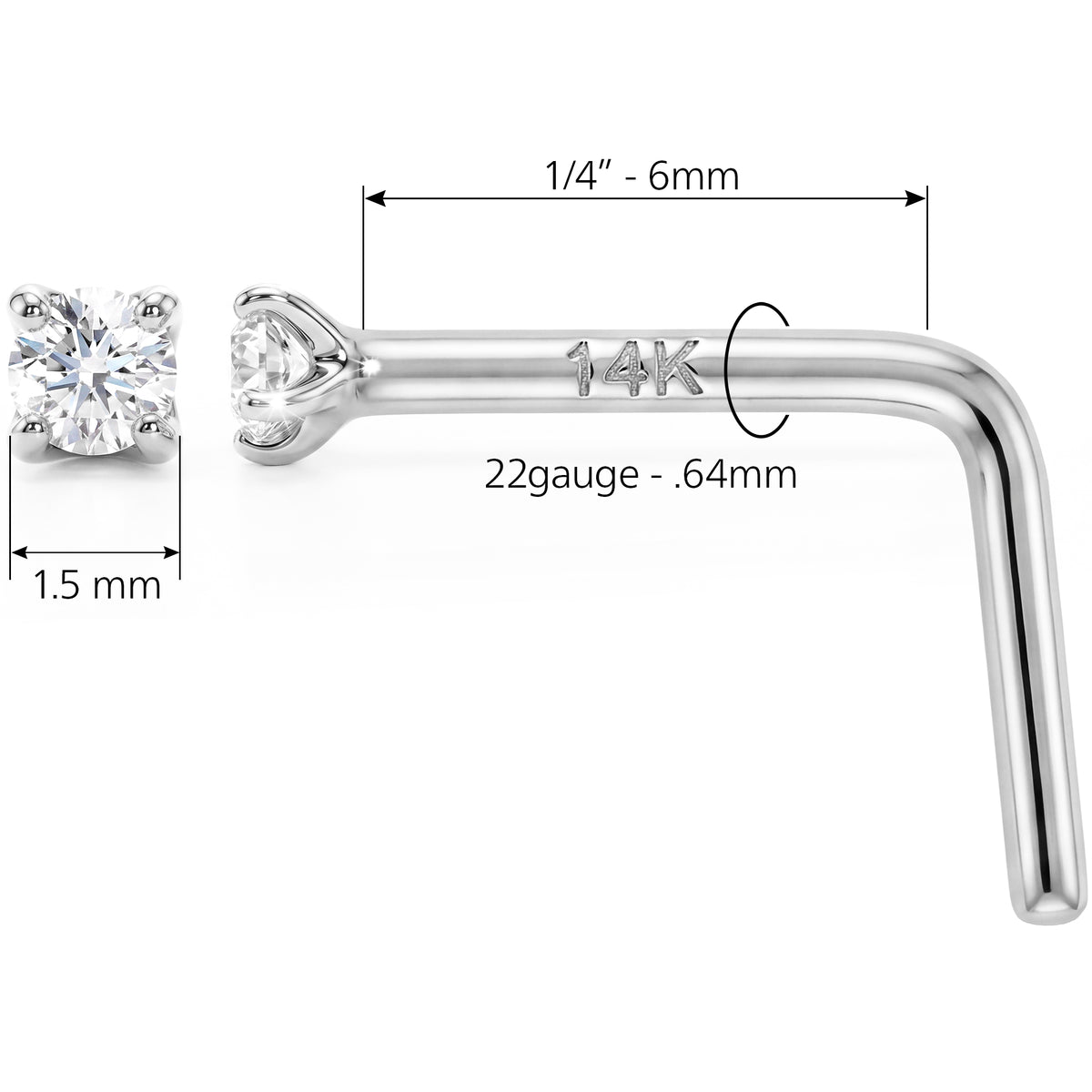 Yellow gold CZ nose ring L-shape design