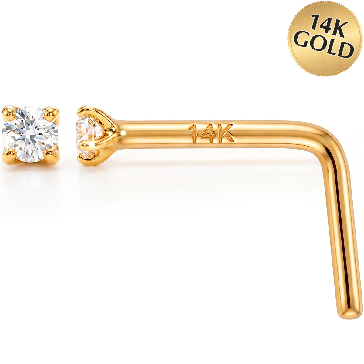 Solid 14k Gold Classic Solitaire CZ 22G L-Shape Nose Ring