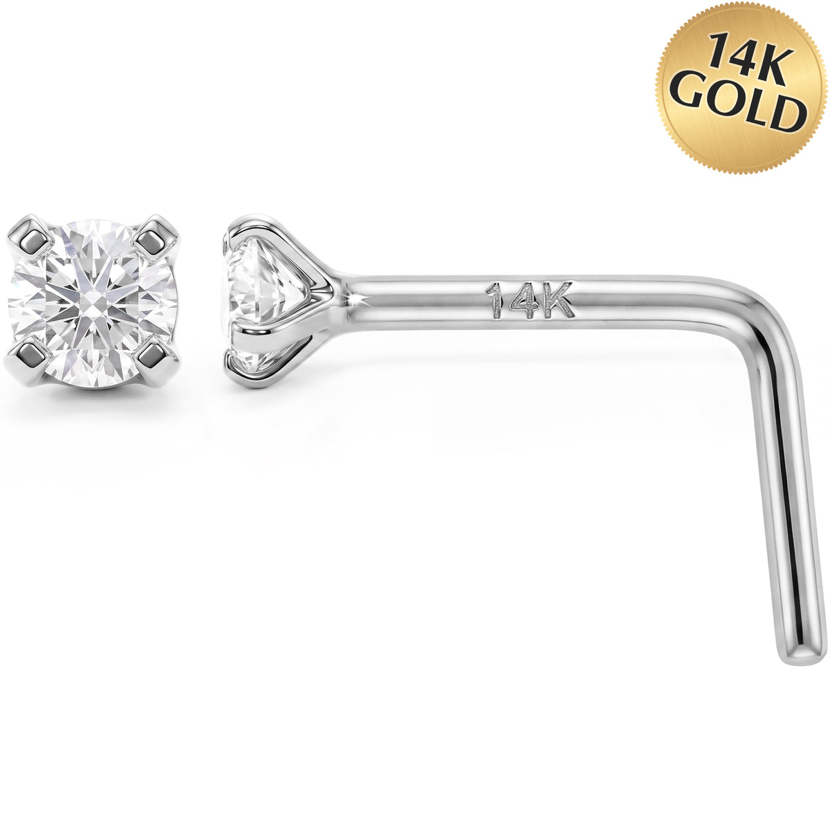 Solid 14k Gold Classic Solitaire CZ 22G L-Shape Nose Ring