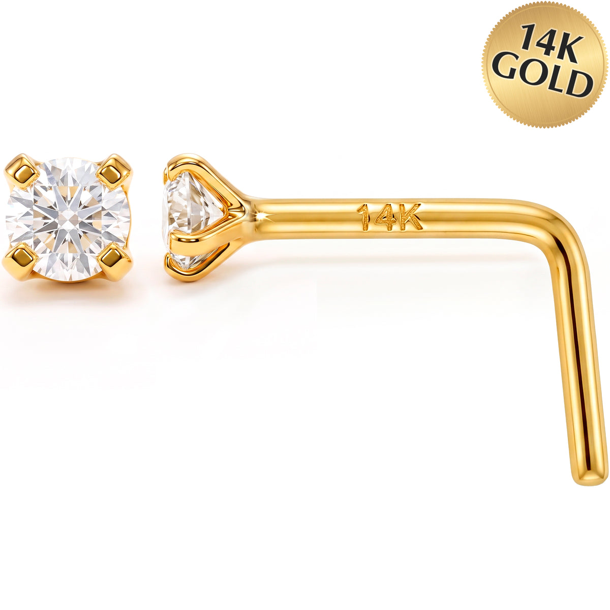 Solid 14k Gold Classic Solitaire CZ 22G L-Shape Nose Ring