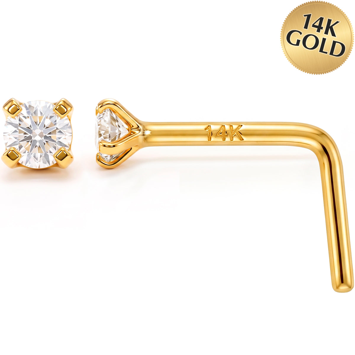 Solid 14k Gold Classic Solitaire CZ 22G L-Shape Nose Ring