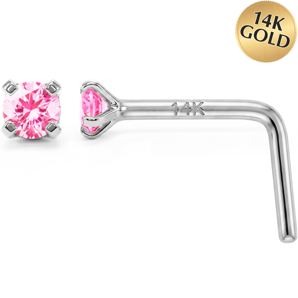 White gold pink CZ nose ring L-shape design