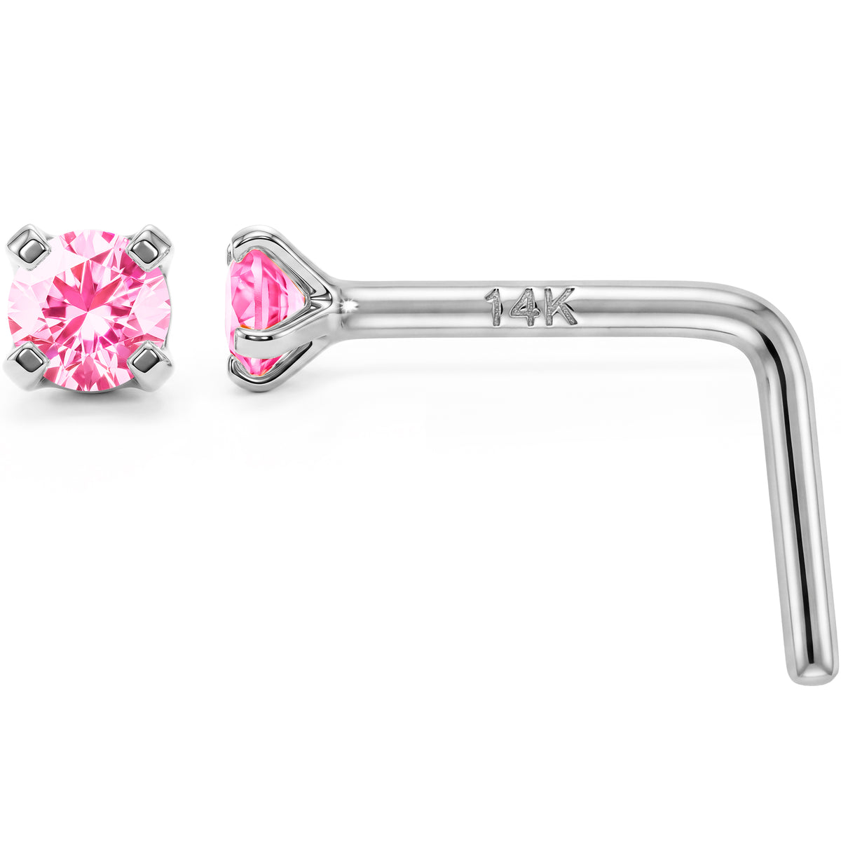 Solid 14k Gold Classic Solitaire Pink CZ 22G L-Shape Nose Ring