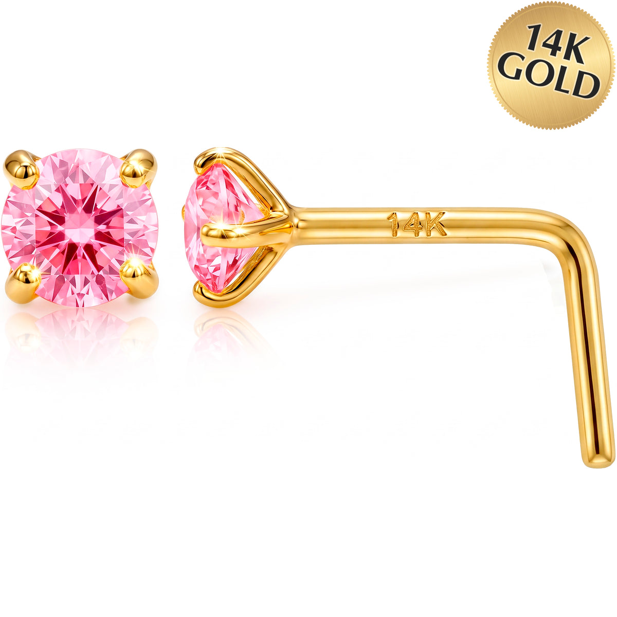 Solid 14k Gold Classic Solitaire Pink CZ 22G L-Shape Nose Ring
