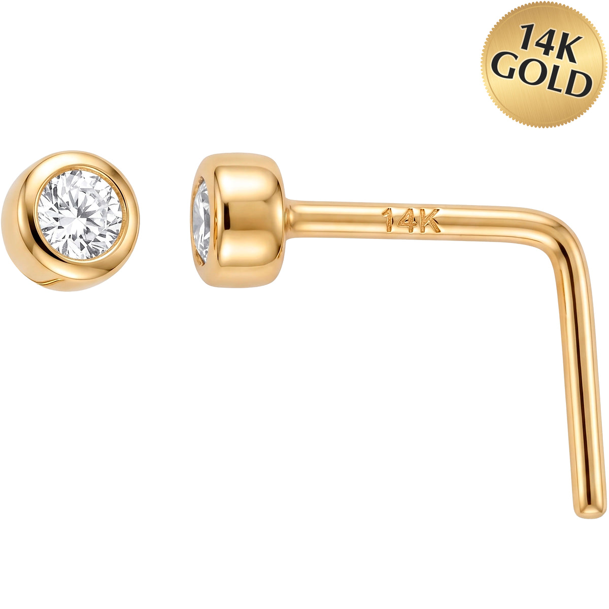 14k Gold Bezel CZ Nose Ring 22 Gauge