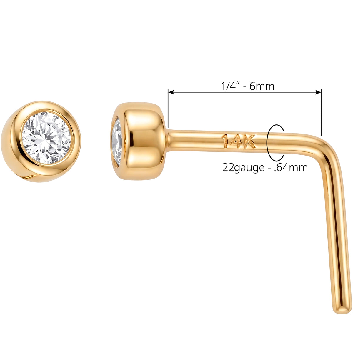 Solid 14k Yellow Gold Bezel CZ 22G L-Shape Nose Ring