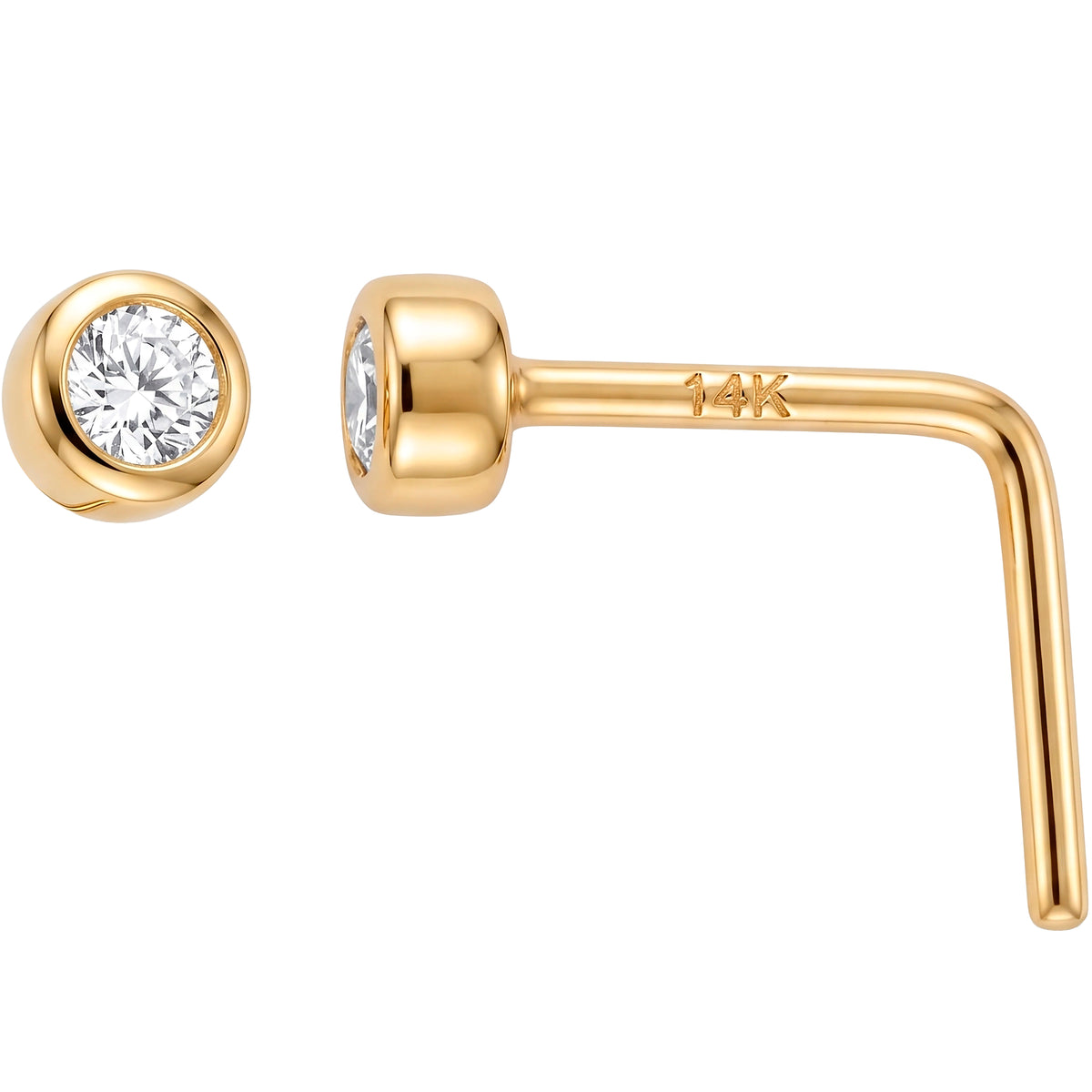 Solid 14k Yellow Gold Bezel CZ 22G L-Shape Nose Ring