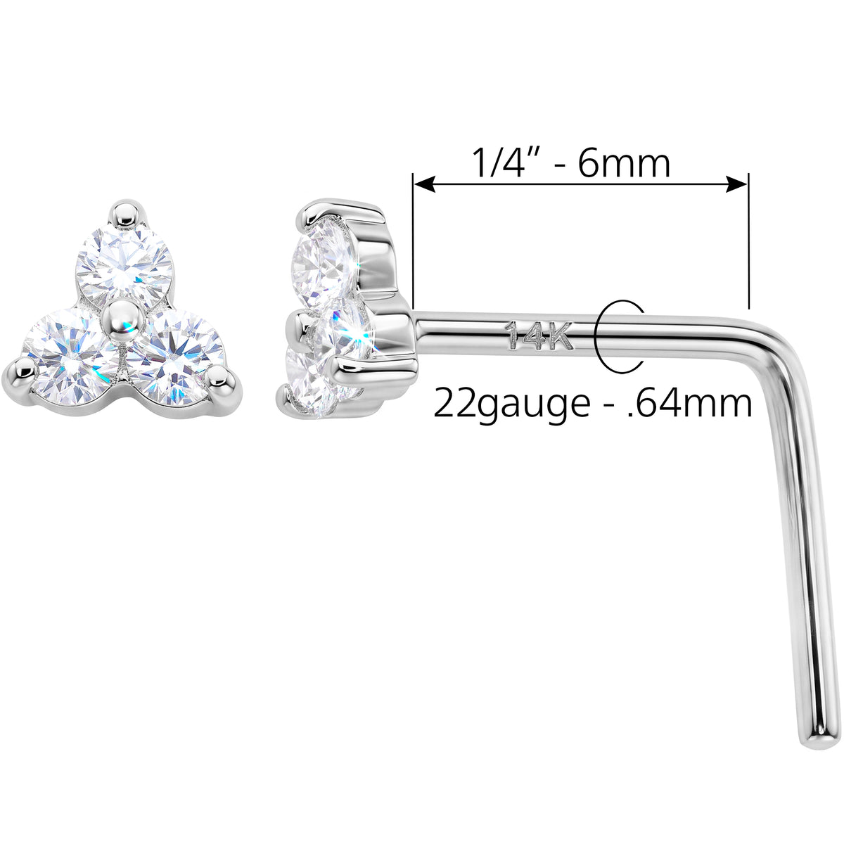 14k White Yellow Gold CZ Trinity Nose Ring 22 Gauge