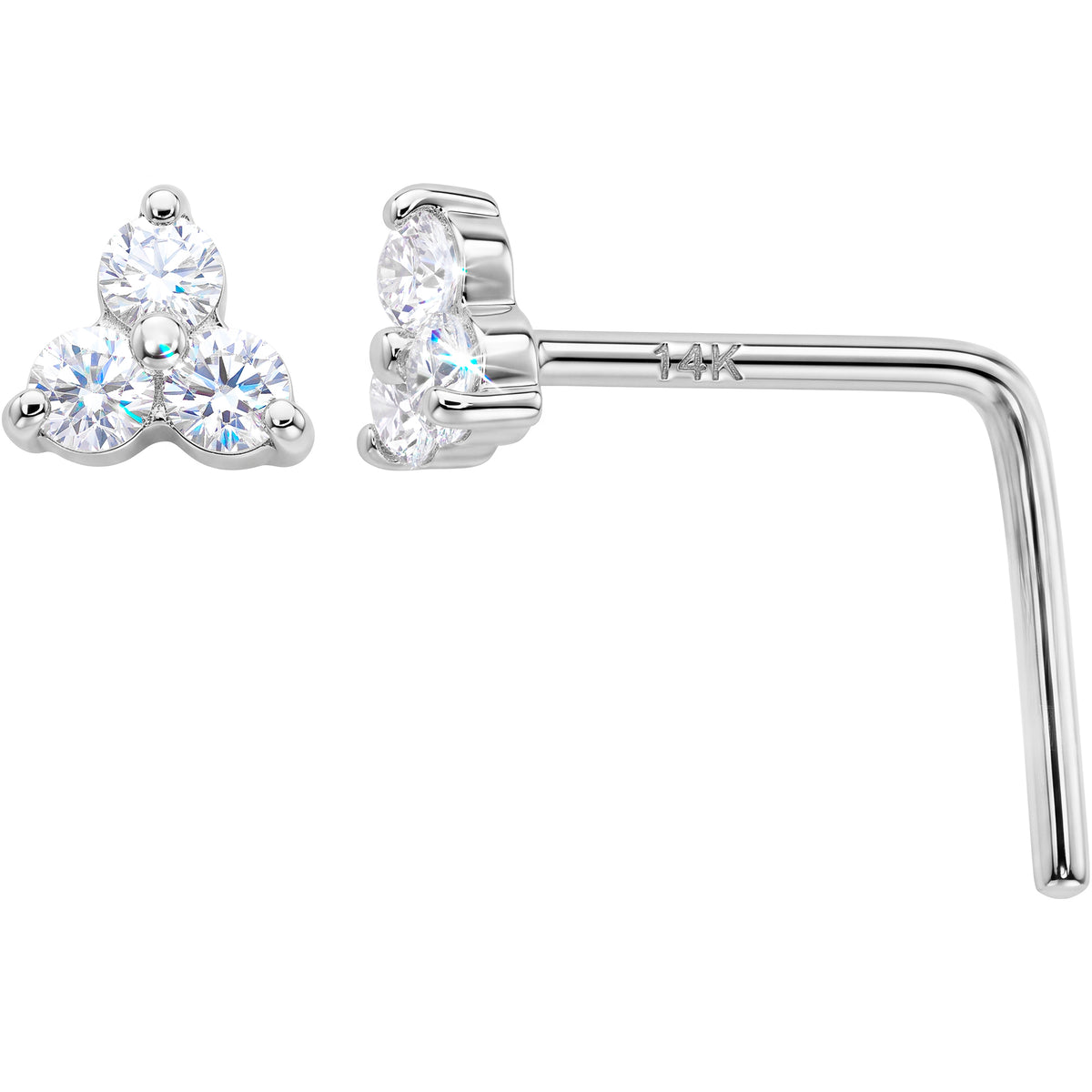 Solid 14k White Gold Trinity CZ 22G L-Shape Nose Ring
