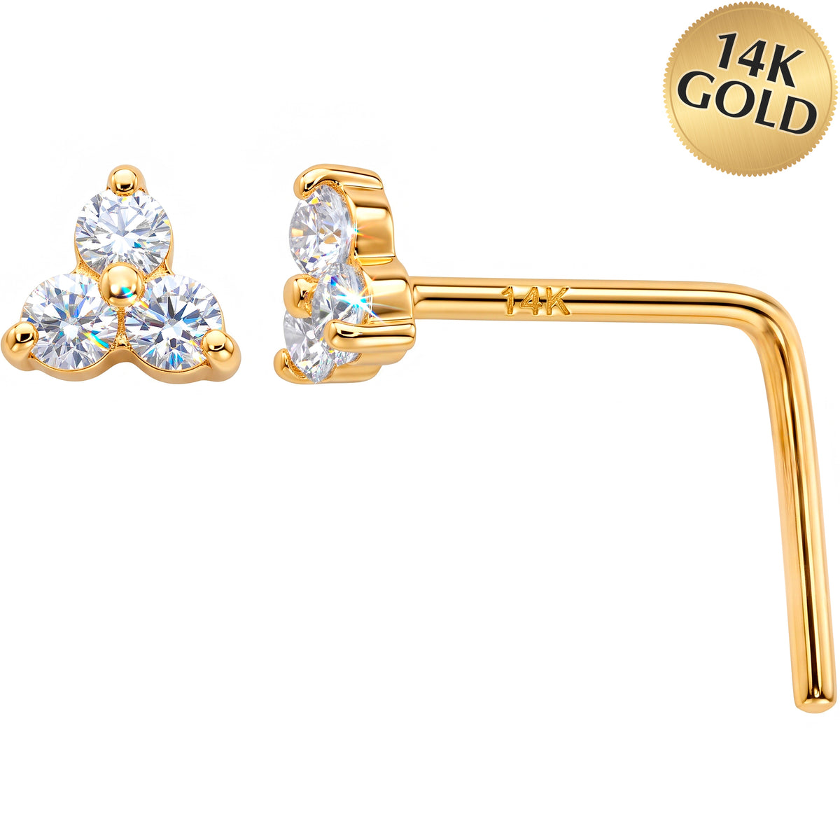 Solid 14k White Gold Trinity CZ 22G L-Shape Nose Ring