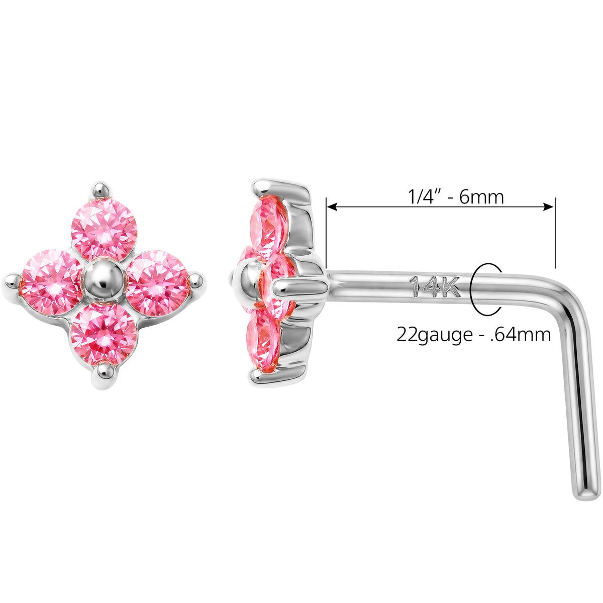 14k White Yellow Gold Pink Flower Nose Ring 22 Gauge