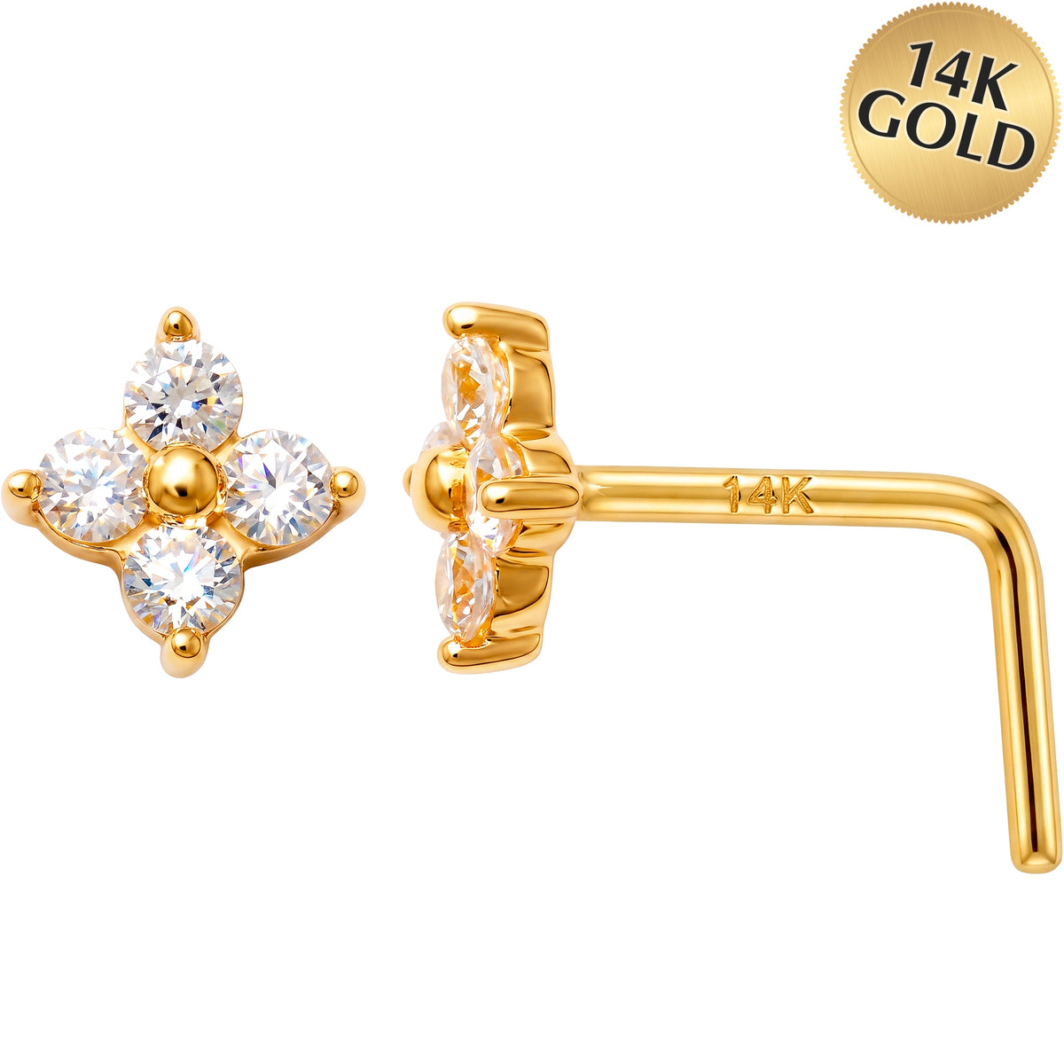 Solid 14k Gold 4-Petal Flower Pink CZ 22G L-Shape Nose Ring