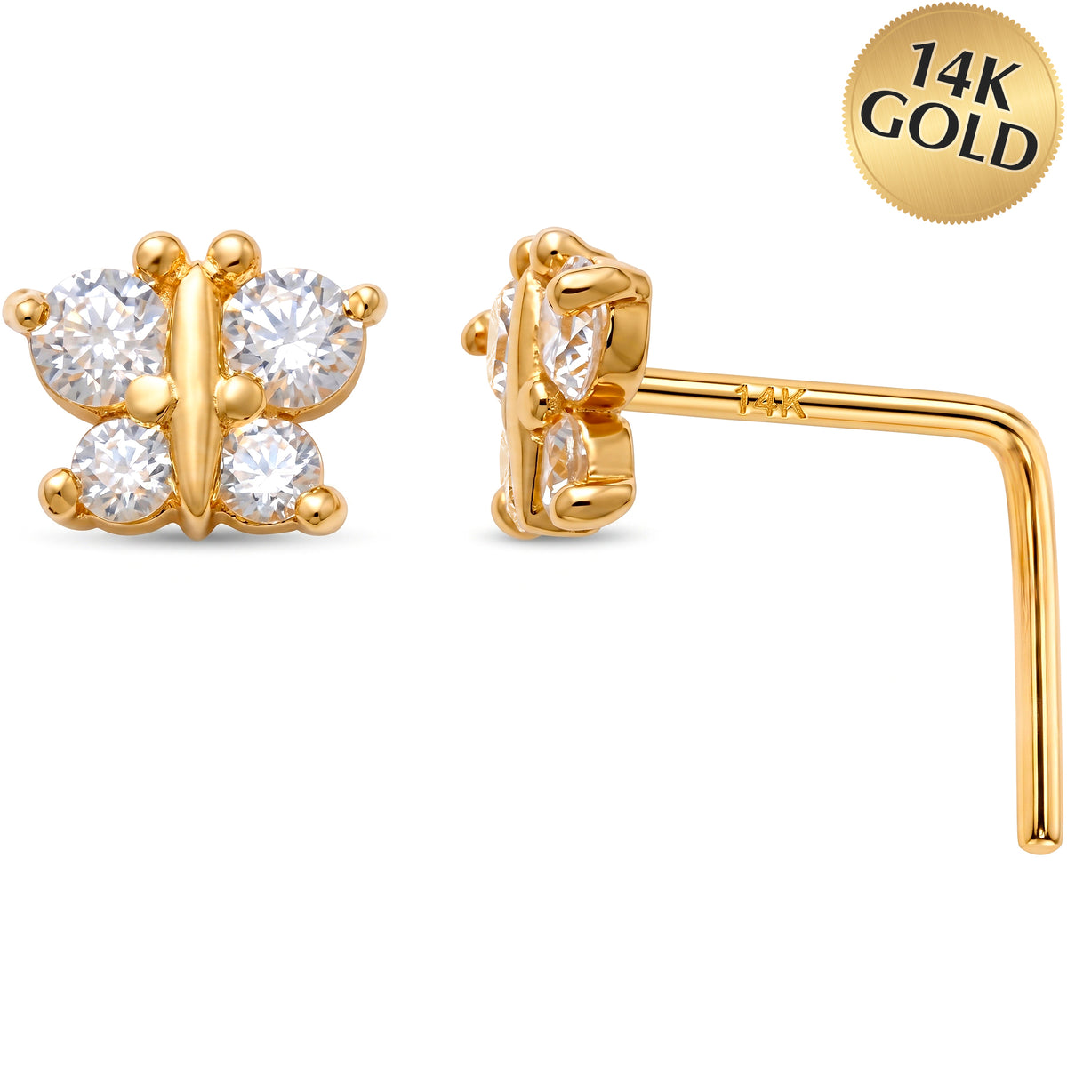 14k Gold CZ Flower Nose Ring 22 Gauge