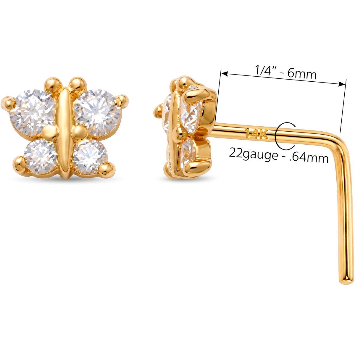 Solid 14k Yellow Beautiful Butterfly CZ 22G L-Shape Nose Ring
