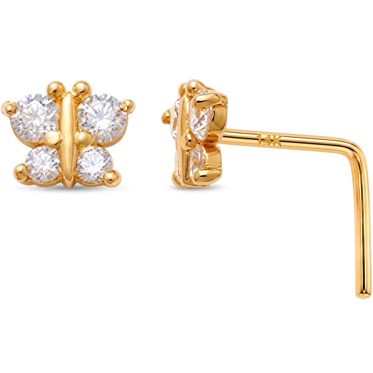 Solid 14k Yellow Beautiful Butterfly CZ 22G L-Shape Nose Ring