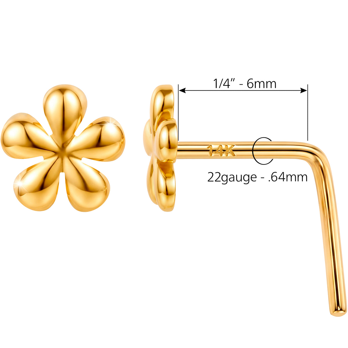 Solid 14k Yellow Gold Golden Daisy 22G L-Shape Nose Ring