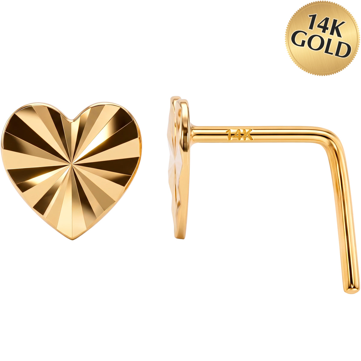 14k Yellow Gold Diamond Cut Heart 22 Gauge Nose Ring L-Shape