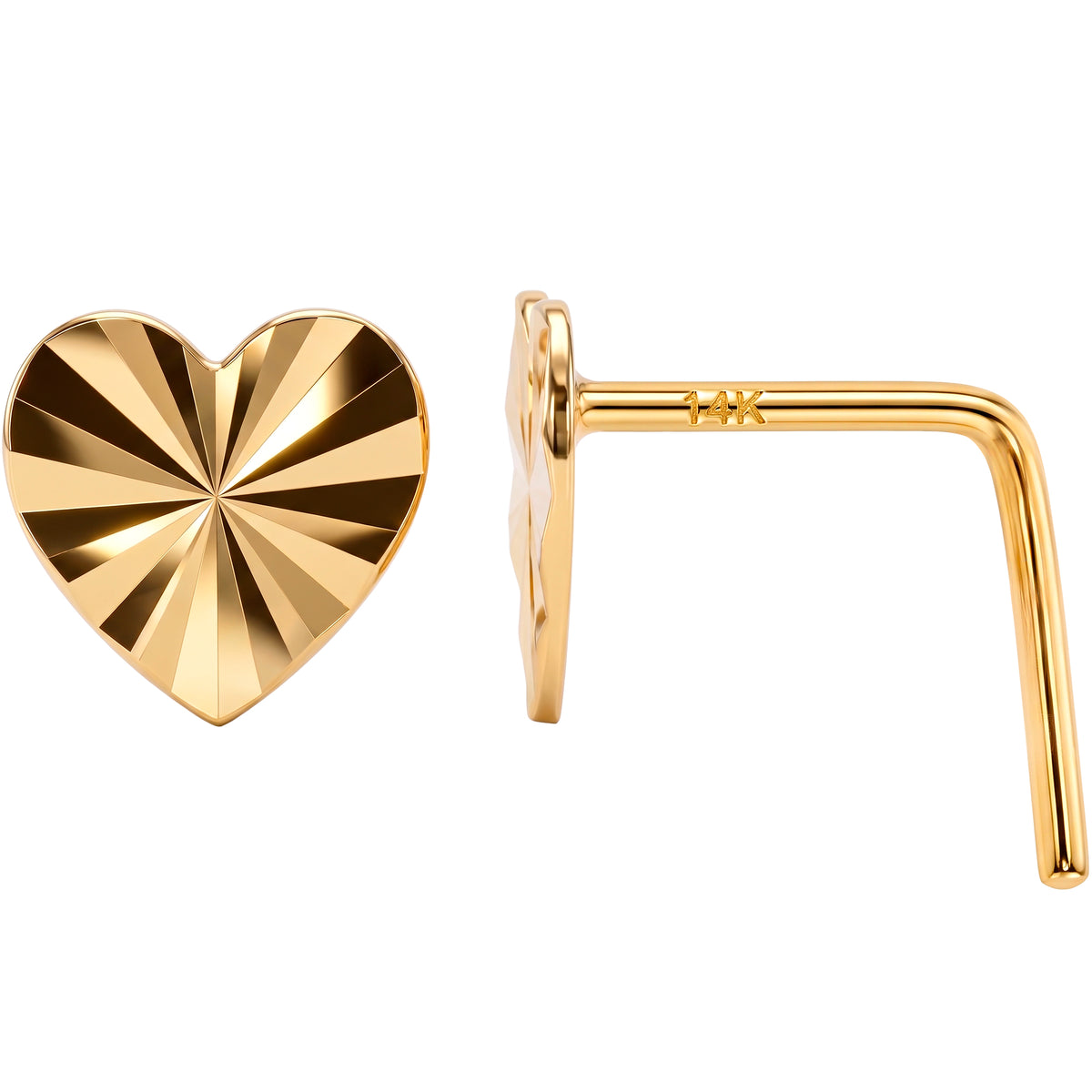 Solid 14k Yellow Gold Diamond Cut Heart 22G L-Shape Nose Ring