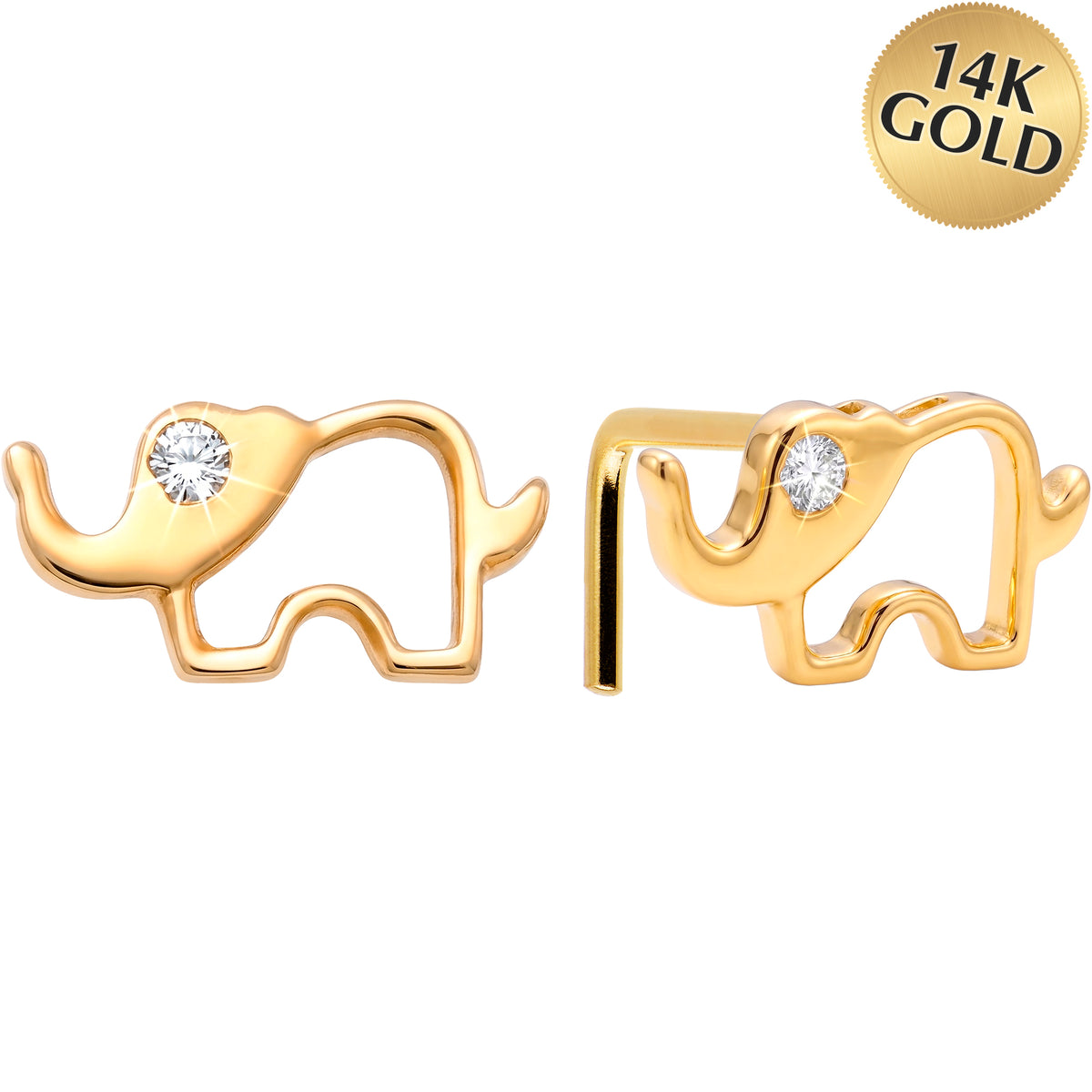 14k Yellow Gold CZ Lucky Elephant 22 Gauge Nose Ring L-Shape