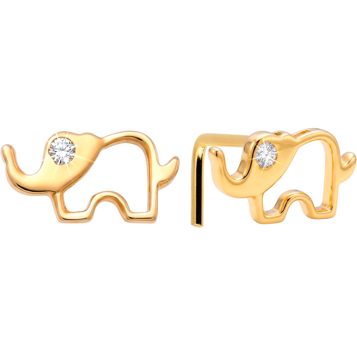 Solid 14k Yellow Gold CZ Lucky Elephant 22G L-Shape Nose Ring