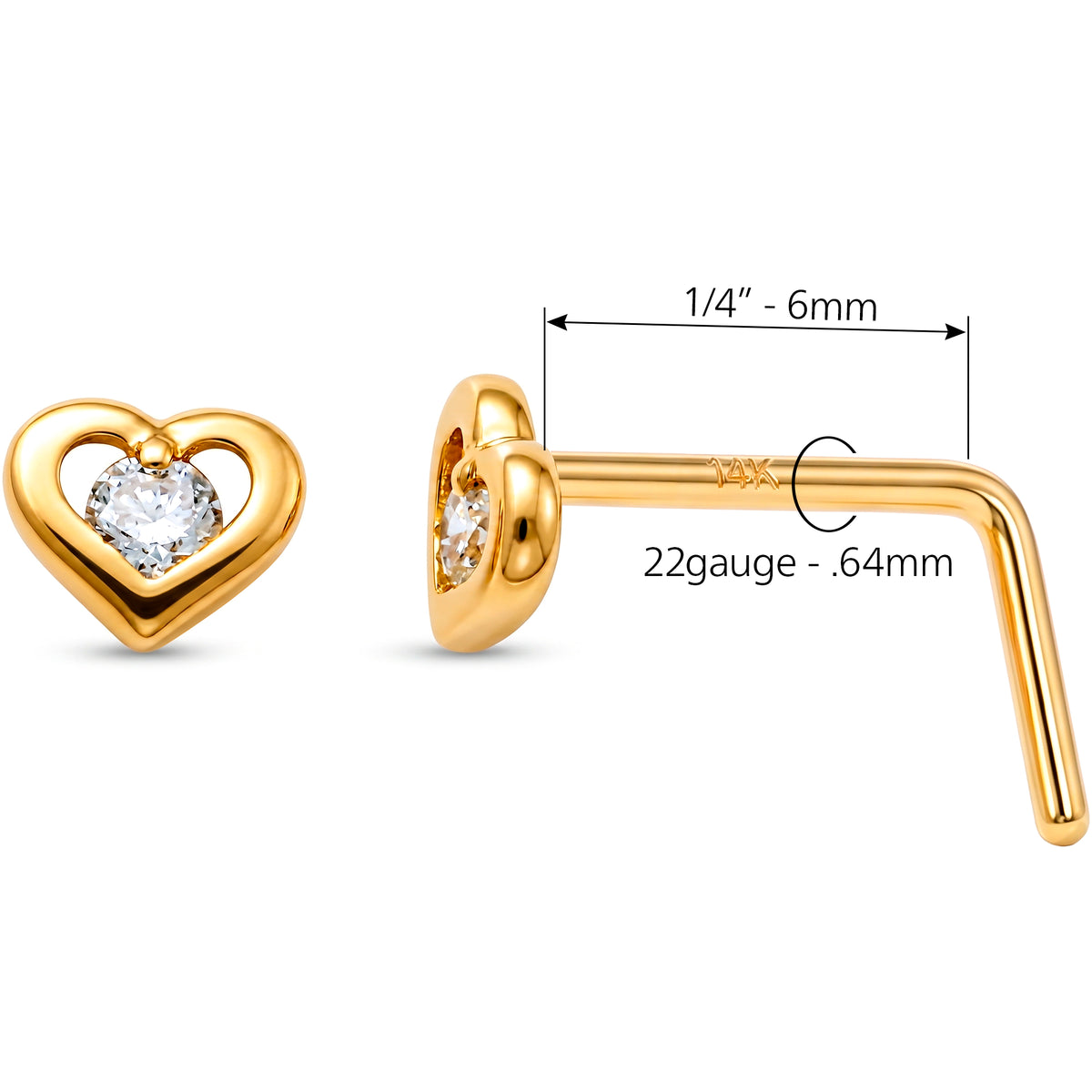 Solid 14k Yellow Gold CZ Sweetheart 22G L-Shape Nose Ring