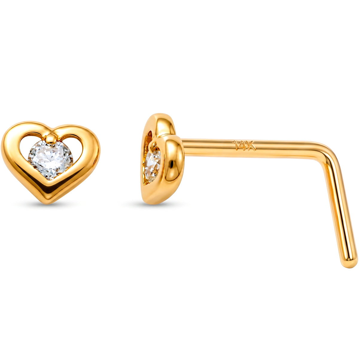 Solid 14k Yellow Gold CZ Sweetheart 22G L-Shape Nose Ring