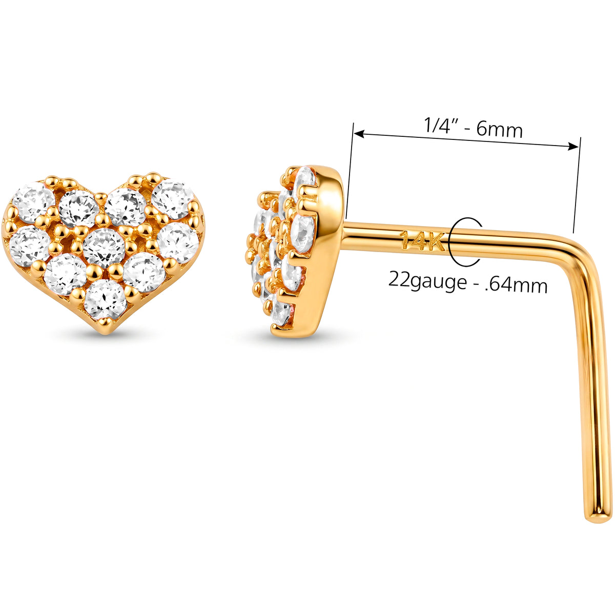 Solid 14k Yellow Gold Pave Sweetheart CZ 22G L-Shape Nose Ring